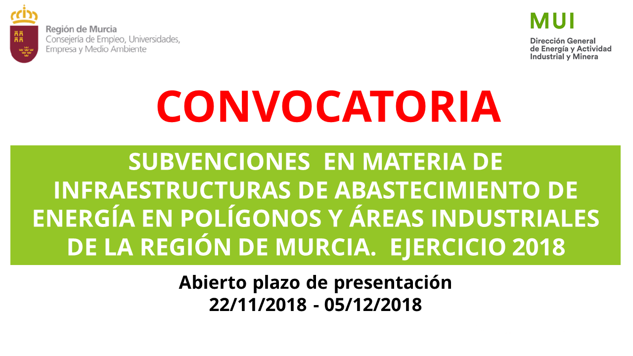 Convocatoria: "Subvenciones en Materia de Infraestructuras de Abastecimiento de Energía en Polígonos y Áreas Industriales de la Región de Murcia 2018"