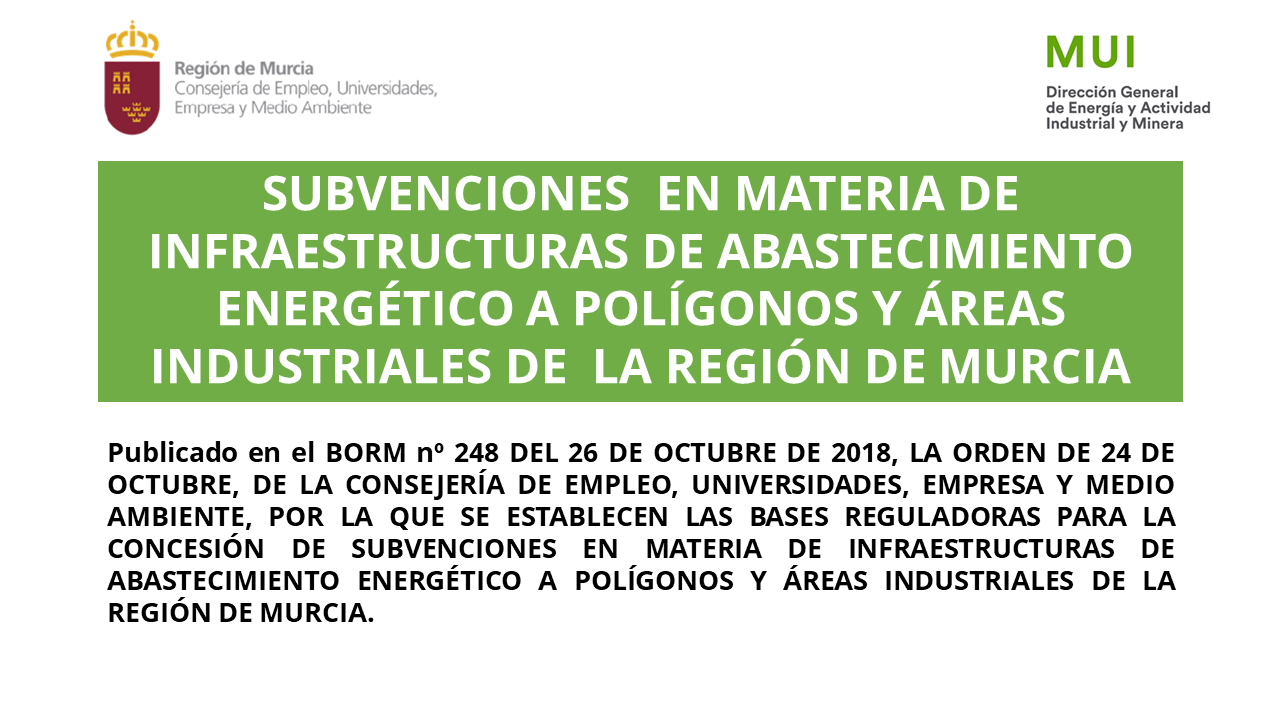 Subvenciones en Materia de Infraestructuras de Abastecimiento Energético a Polígonos y Áreas Industriales de la Región de Murcia