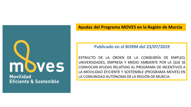 SE CONVOCAN AYUDAS RELATIVAS AL PROGRAMA DE INCENTIVOS ALA MOVILIDAD EFICIENTE Y SOSTENIBLE EN LA REGIÓN DE MURCIA (23.07.2019)