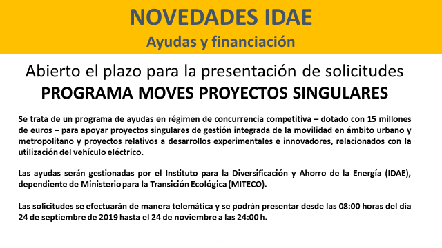 Novedades IDAE, Ayudas y Financiación. Abierto el plaza para la presentación de solicitudes al Programa MOVES Proyectos Singulares