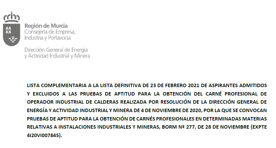 Lista complementaria a la lista definitiva de admitidos y excluidos para pruebas obtención carné Operador de Calderas 2020