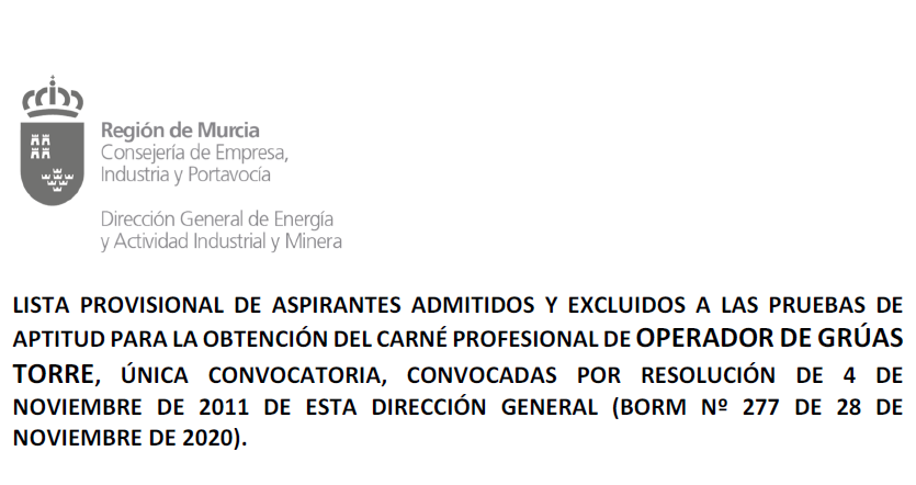 Lista provisional de admitidos y excluidos para pruebas obtención carné Operador de Grúas Torre 2020