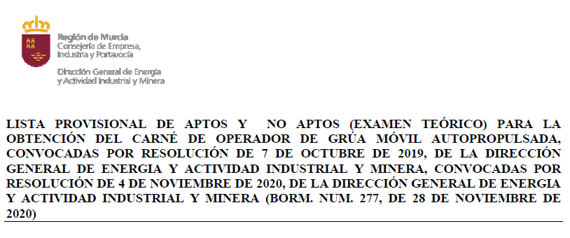 Lista provisional de aptos y no aptos (examen teórico) para obtención carné Operador de Grúa Móvil Autopropulsada 2021