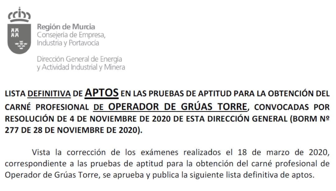 LISTA DEFINITIVA DE APTOS EN LAS PRUEBAS DE APTITUD PARA LA OBTENCIÓN DEL CARNÉ PROFESIONAL DE OPERADOR DE GRÚAS TORRE, CONVOCADAS POR RESOLUCIÓN DE 4 DE NOVIEMBRE DE 2020