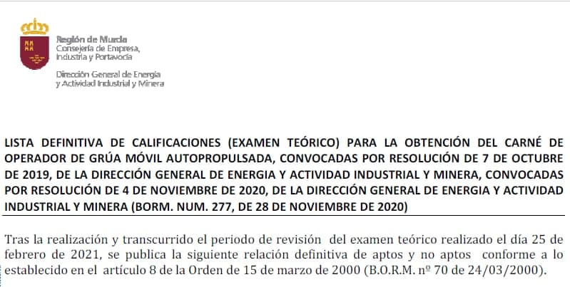 Listado, aptos y no aptos, grúa móvil autopropulsada 2021