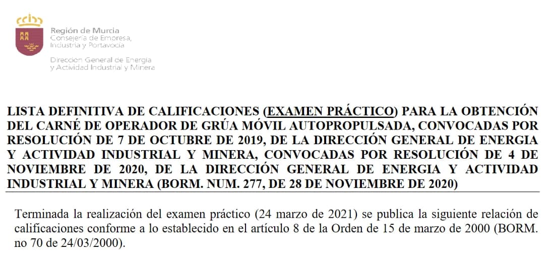 Lista definitiva de calificaciones (examen práctico) para la obtención del carné de operador de grúa móvil autopropulsada, convocatoria 2021